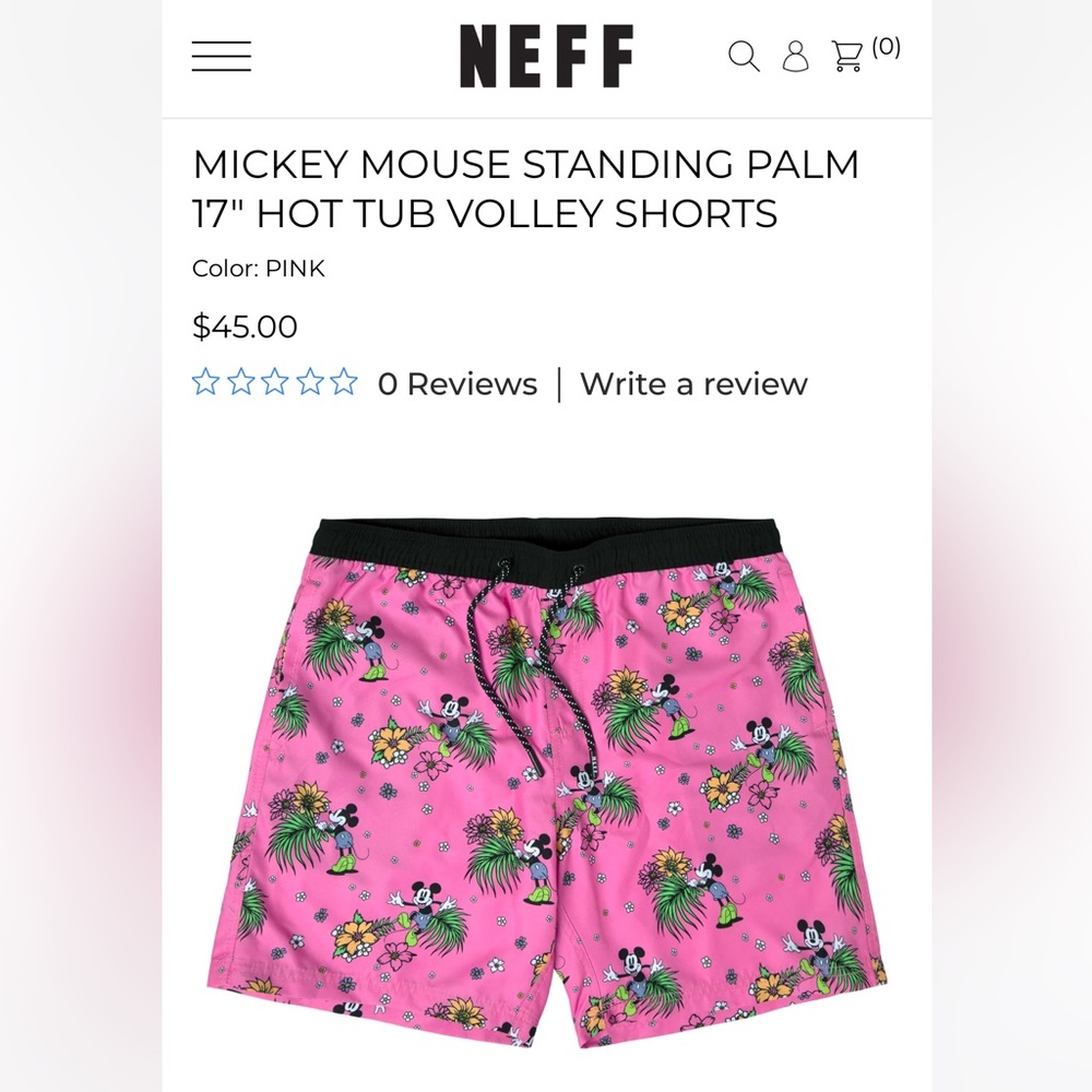 New NEFF MICKEY MOUSE PALM 17" HOT TUB VOLLEY SHORT, Men’s Size (M) Waist 31-33”